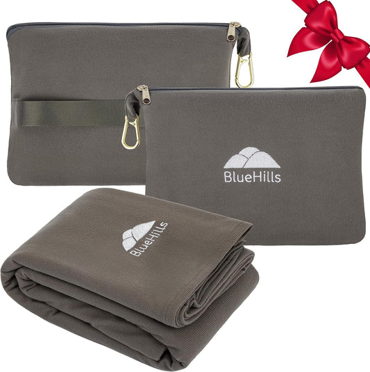 BlueHills Travel Blanket Pillow Compact Lightweight Pocket Size Airplane Traveling Essential Flight Trip Throw in Bag Portable Case Plane Accessory Gray L01