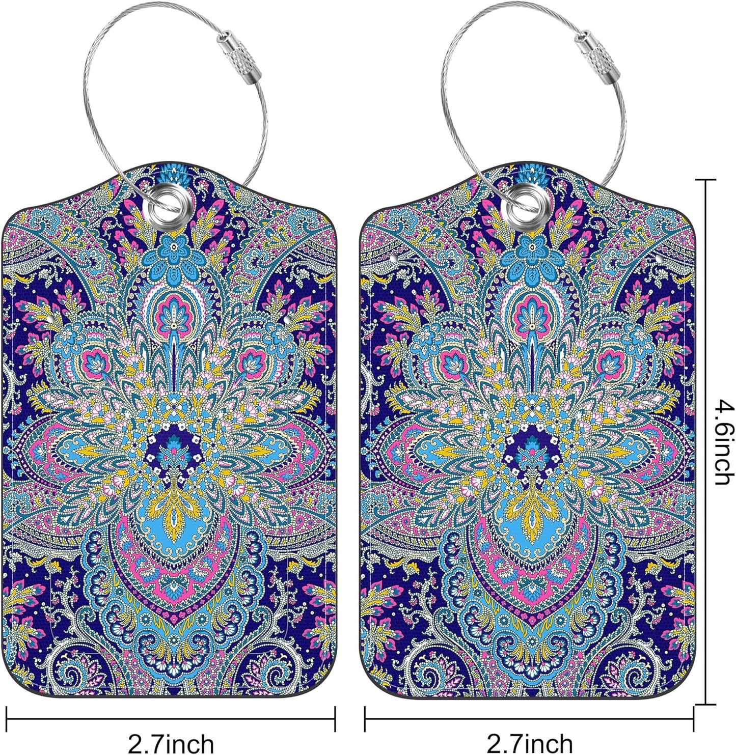 2 Pack Luggage Tags Paisley Pattern and Ethnic Style Floral PU Leather Baggage Tag with Privacy Cover Stainless Steel Loop and Name ID Card for Men Women Travel Bag Luggage Accessories